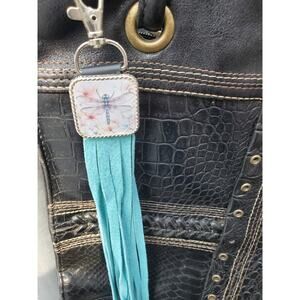 Handmade dragonfly lover Leather Fringe Western bag charm, Long fringe keychain